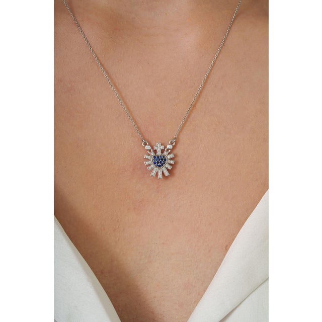 Contemporary Sacred Heart Blue Sapphire & Diamond Sunburst Pendant Necklace in 14k White Gold For Sale - Image 3 of 17