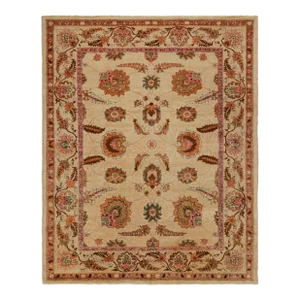 Late 18th Century Antique Agra Rug in Gold With Green and Pink Floral Patterns
