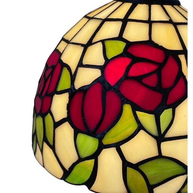 Tiffany Style Table Lamp with Stained Glass Shade and Decorative Base, 1980s For Sale - Image 4 of 7