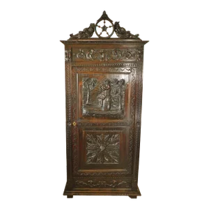 19th Century Antique French Breton Carved Oak Wood Figural Coat of Arms Cabinet