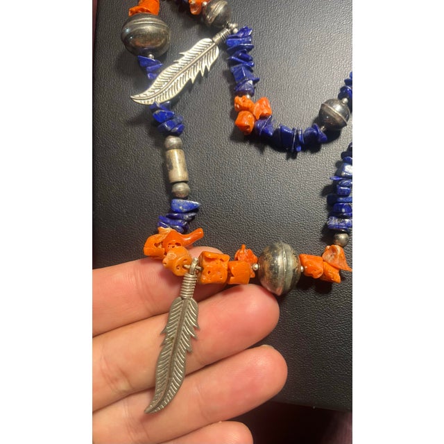 Navajo Indian Art Vintage Navajo Native American Style, Lapis and Coral Shell Necklace, Sterling Silver Hollowed Body ‘Navajo Pearls’ and Silver Feathered Accents. For Sale - Image 4 of 7