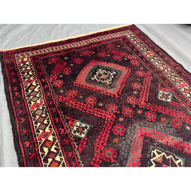 Islamic Vintage Afghan Hand-Knotted Wool Runner Rug | Tribal Red & Black Geometric Rug For Sale - Image 3 of 10