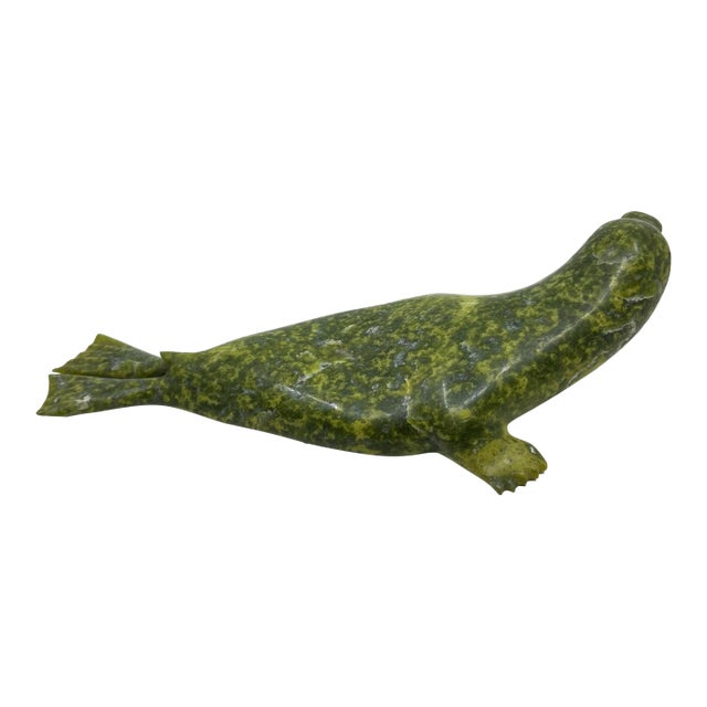 Vintage Hand Carved Signed Inuit Serpentine Slinky Seal Sculpture by Eliyah Michael For Sale