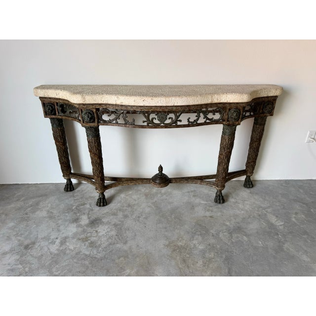 Beige Vintage Maitland Smith Bronze and Metal Console Table With Stone-Top/ Sold For Sale - Image 8 of 12