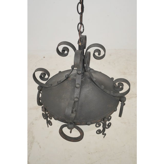 Black Mid 20th Century Restored Spanish Revival Wrought Iron Opalescent Glass Pendant Light For Sale - Image 8 of 12