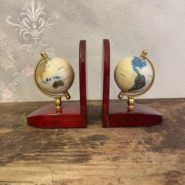 Bookends with Mahogany Globes and Brass Bases, 1980s, Set of 2 For Sale - Image 3 of 18