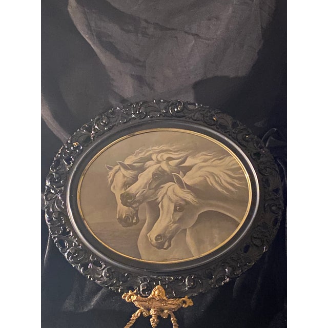 Wood Antique 19th Century "Pharaoh's Horses" Lithograph in Openwork Ornate Oval Frame For Sale - Image 7 of 10