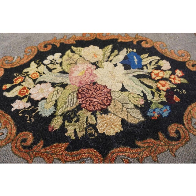 Lovely Gray Color With Soft Color Bouquet of Flowers & Foliate Design Antique American Hooked Rug For Sale - Image 9 of 12
