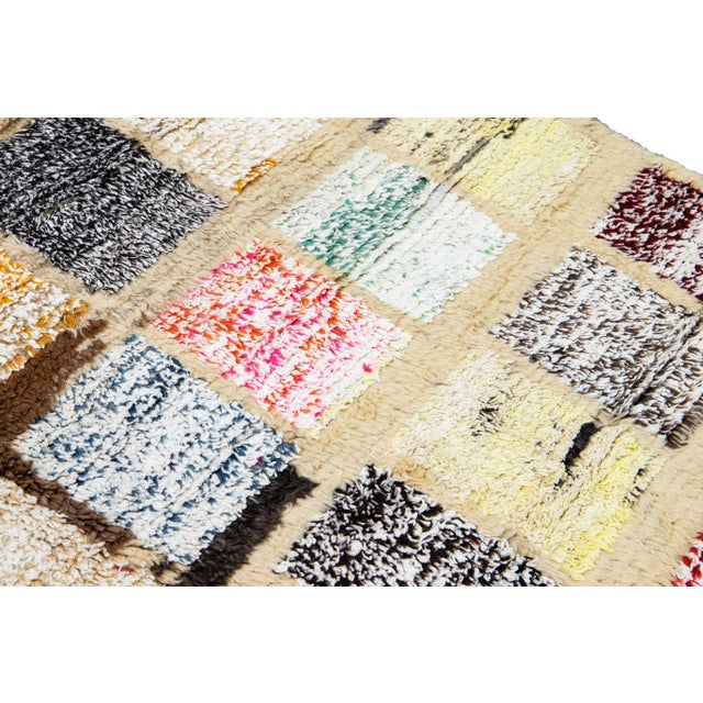 Textile Modern Turkish Tulu Handmade Multicolor Square Pattern Beige Wool Rug For Sale - Image 7 of 11