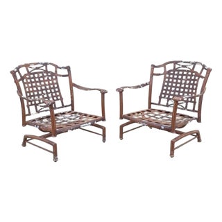 Late 20th Century Cast Aluminum Basket Weave Lattice Patio Outdoor Rocking Lounge Chairs - A Pair For Sale