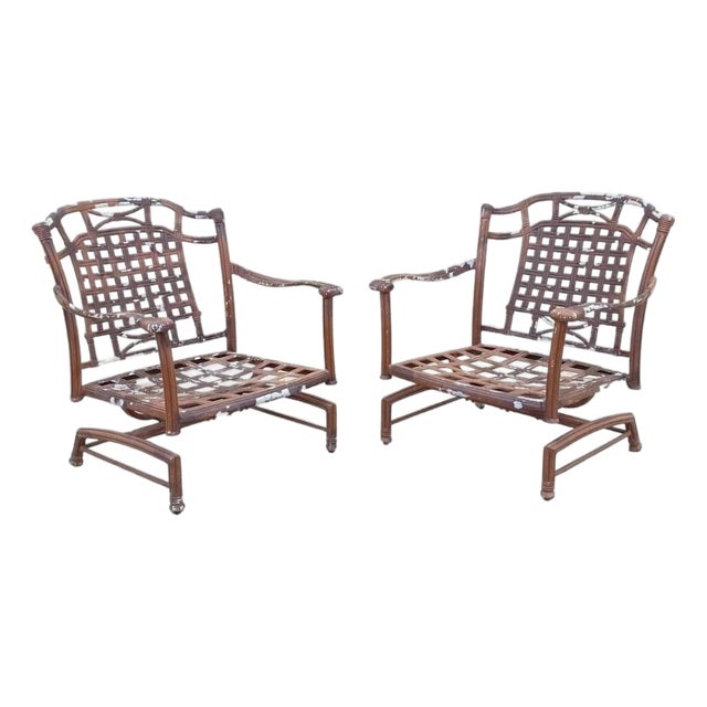 Late 20th Century Cast Aluminum Basket Weave Lattice Patio Outdoor Rocking Lounge Chairs - A Pair For Sale