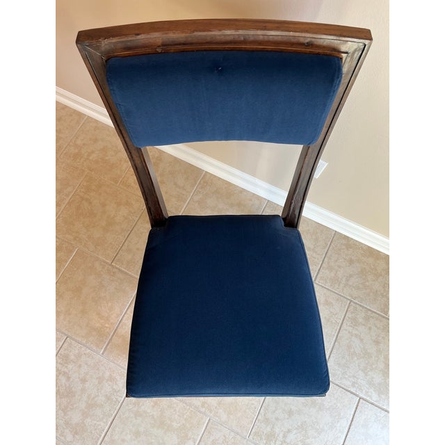 Jonathan Charles Open Back Dining Chair, Custom Blue Velvet Upholstery, Bleached Crotch Walnut Finish, Gold Accents For Sale - Image 15 of 18