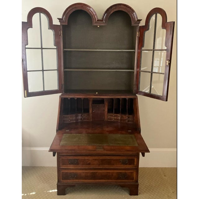 English 1900s Antique Secretary Desk Walnut Bureau Bookcase For Sale - Image 3 of 12