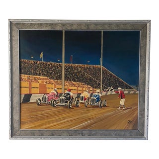 Oil Painting G. Fox Car Race Circa 1930, Framed For Sale