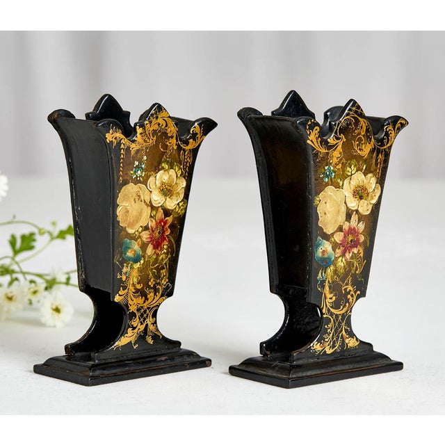 Pair of 19th C. French Hand Painted Paper Mache Spill Vases For Sale - Image 4 of 5