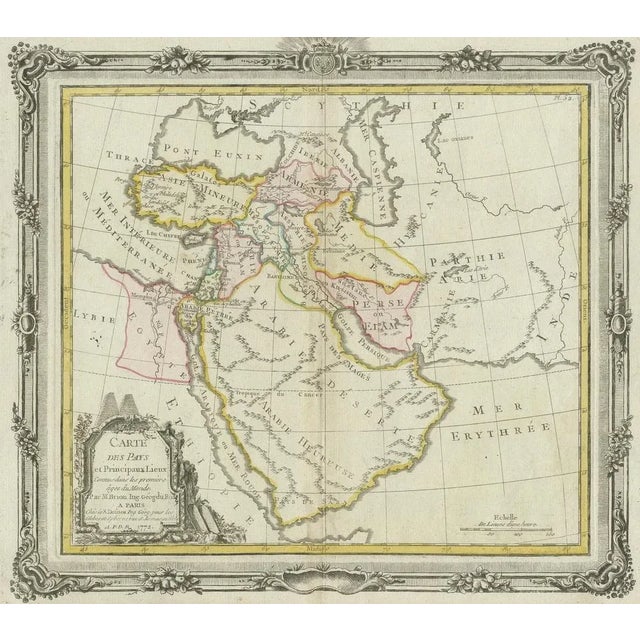 Antique map titled 'Carte des Pays et Principaux Lieux (\.)'. Original antique map of Middle East, extending to the Red...