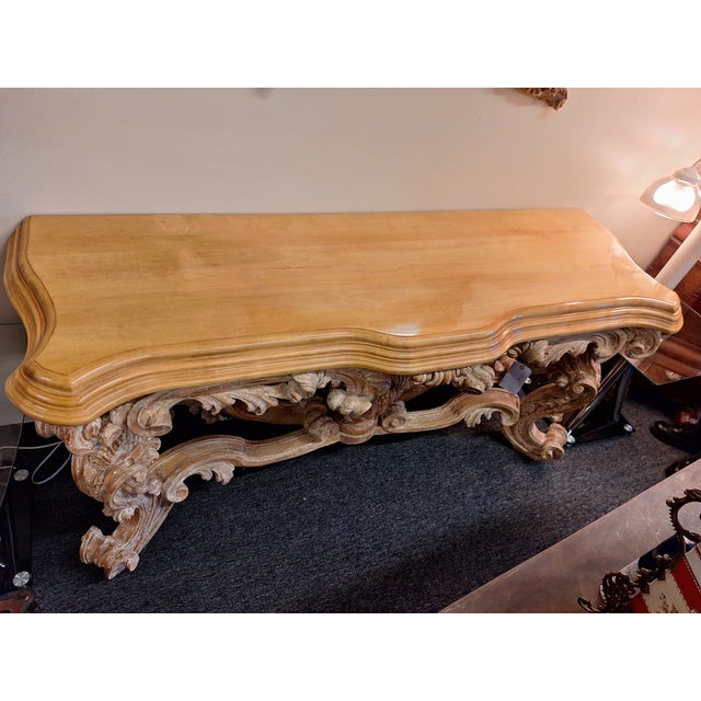 1950s Vintage Spanish Rococo Paint Decorated Carved Wood Console Table For Sale - Image 18 of 18