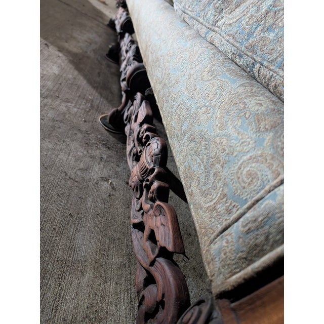 Vintage Victorian Revival Carved Wood Sofa With Paisley Upholstery For Sale - Image 13 of 16