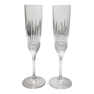 Waterford “Lismore Diamond” Pair of Crystal Fluted Champagne Glasses For Sale