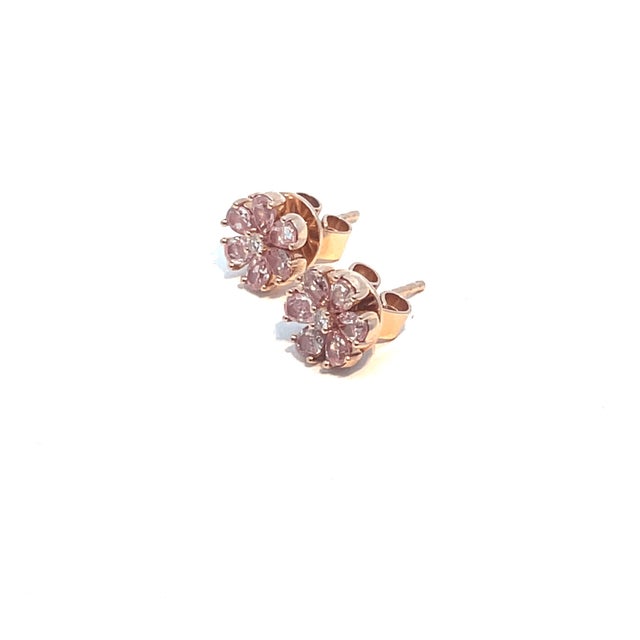 Metal 18k Rose Gold Flower Shape Pink Diamond Earrings, a Pair For Sale - Image 7 of 8