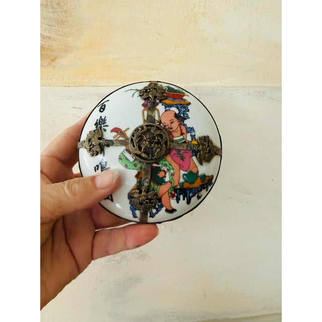 Antique Chinese Porcelain Erotic Trinket Box With Dragon Metal Mount For Sale In Chicago - Image 6 of 11