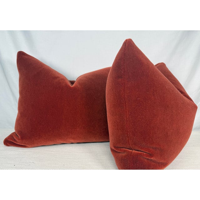 Custom pair of 16"x20" pillows covered in Schumacher "San Carlo Mohair" in color sienna. These pillows are knife edged,...