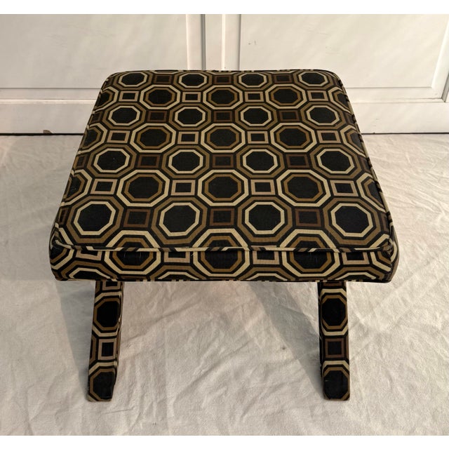 Mid-Century Modern Late 20th C. Hollywood Regency X-Bench Stool With Geometric Upholstery For Sale - Image 3 of 12