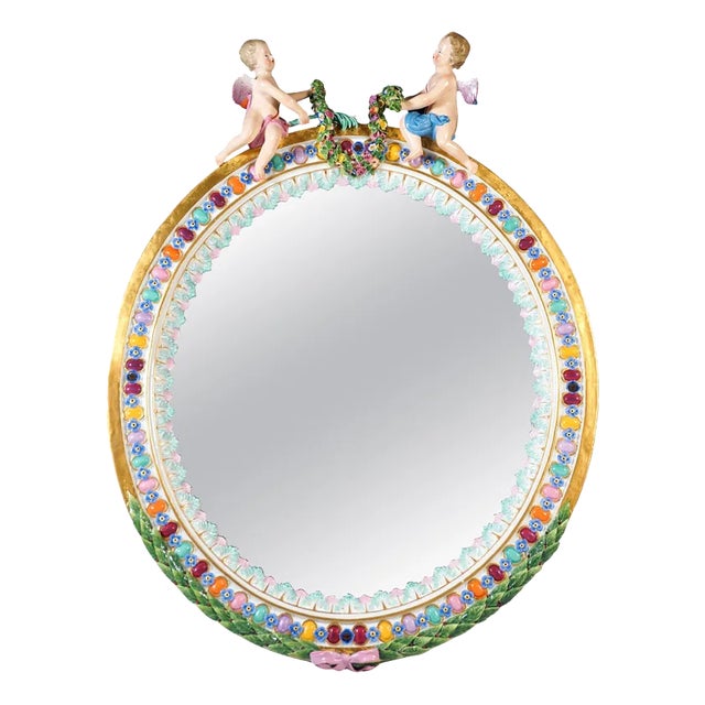 Large Oval Wall Mirror with Winged Cupids from Meissen, 1860 For Sale