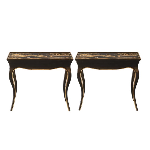 Pair Elegant Chinese Chippendale Style Black Lacquer and Gold Plated Trim Side Table, Sofa Side Table. For Sale - Image 4 of 10