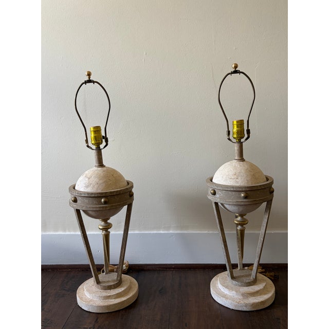 Neoclassical Pair of Neoclassical Travertine, Cast Iron & Brass Sculptural Lamps, Attributed to Michael Taylor For Sale - Image 3 of 17