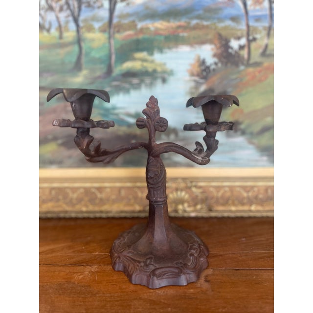Rococo Possibly 19th Century Ornate Cast Iron Double-Arm Candelabrum With Floral Bobeches and Scroll Base. For Sale - Image 3 of 9