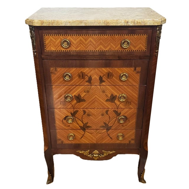 Late 19th Century Pair Antique French Louis XV Style Inlaid & Sienna Marble Chest Commodes Signed For Sale - Image 5 of 18
