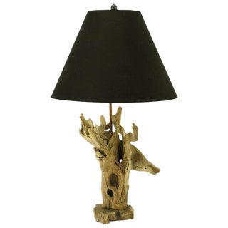 Driftwood Table Lamp With Live Edge Wood Base For Sale