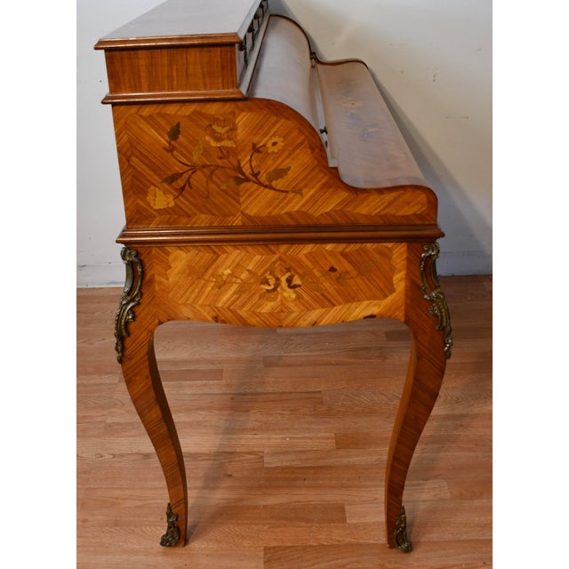 1930s French Louis XV Satinwood Floral Inlay Cylinder Secretary Writing Desk For Sale - Image 14 of 18