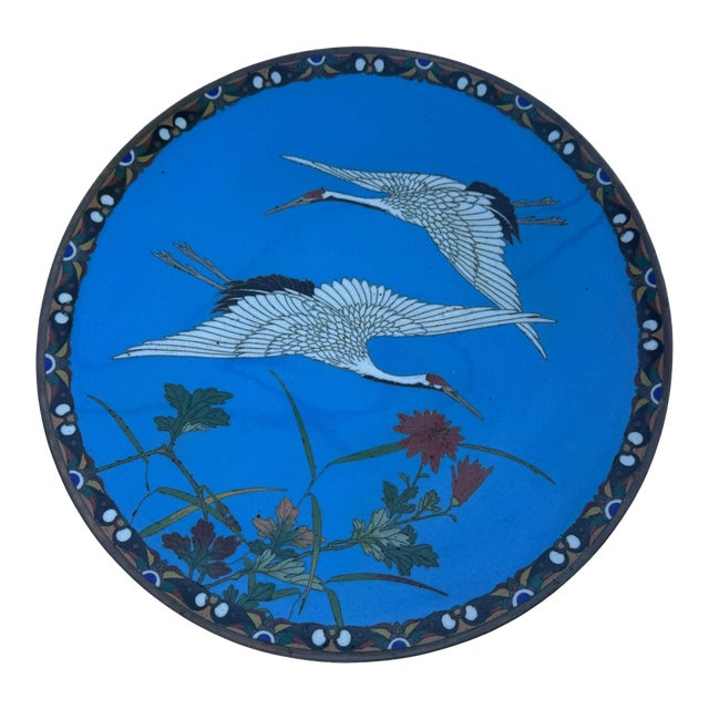 Antique Japanese Meiji Cloisonne Charger Cranes Blue Enamel 12” Plate For Sale