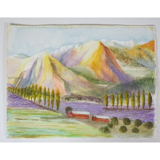 Late 20th century watercolor on heavy paper painting of a mountain valley and lavender farm. Unsigned. Unframed, adhesive...