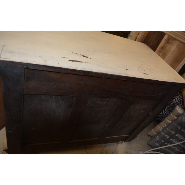 1940s Vintage Karpen Furniture Gothic Cream Wood Lockable Cabinet W/ Black Iron Strap Hinges & Carved Faces For Sale - Image 11 of 12