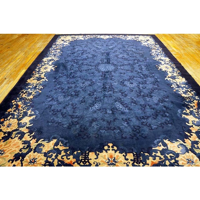 1920s Traditional Floral Antique Chinese Peking Wool Blue Hand Knotted Rug For Sale - Image 11 of 11