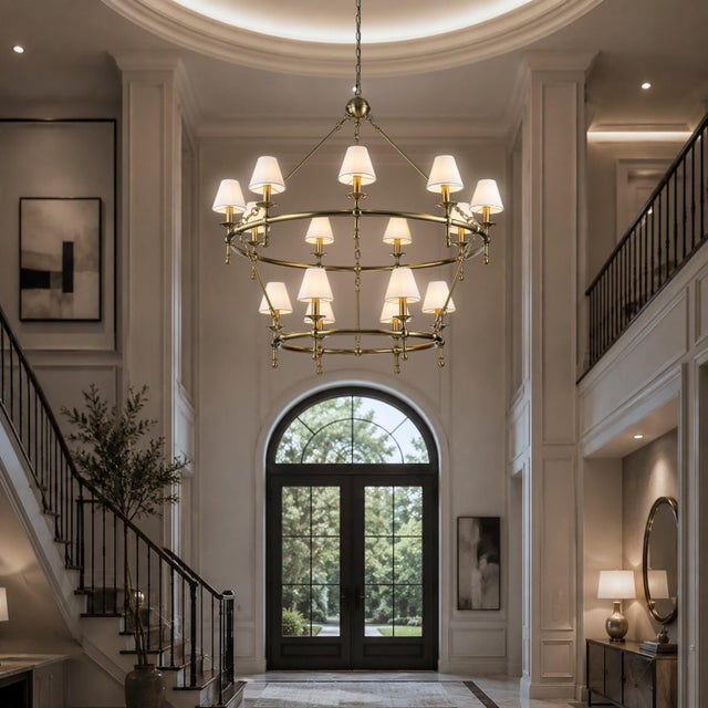 Metal Aloadecor Classic Large Warm Brass Two-Tier Chandelier With White Shades For Sale - Image 7 of 8