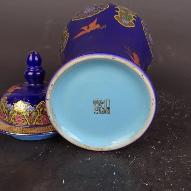 Art Deco Chinese Vintage Ceramic Pot,Qing Dynasty Qianlong Marked Blue Ground Gold Color Enamel Porcelain Ginger Jar Hand Painted Flowers Pattern For Sale - Image 3 of 7