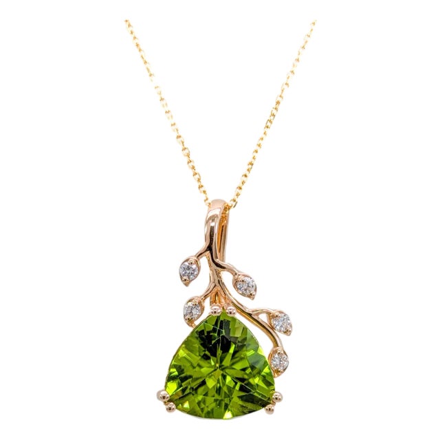 5cts Arizona Peridot Pendant W Natural Diamond Accents in 14k Solid Gold Tr 12mm For Sale