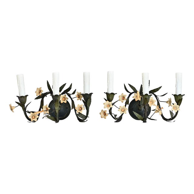 Italian Vintage Italian Tole Floral Wall Sconces - a Pair For Sale - Image 3 of 11