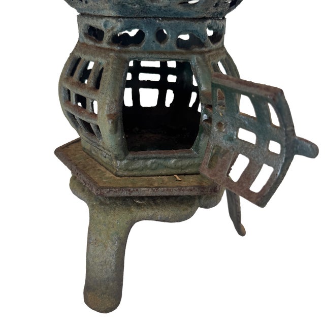 Japanese Vintage Japanese Cast Iron Pagoda Garden Lantern Verdigris Marked Japan For Sale - Image 3 of 15