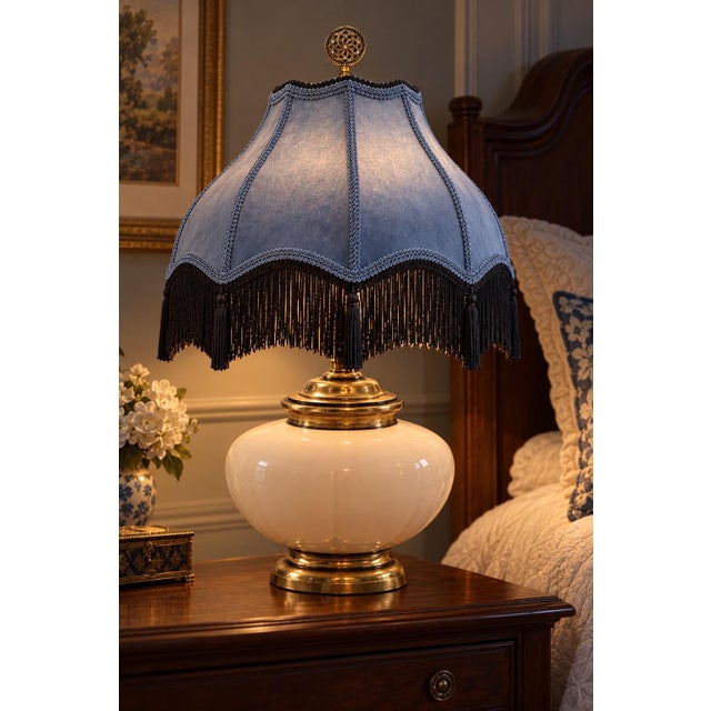 Victorian Vintage Ivory Ceramic Urn Table Lamp With Brass Base, Muted Blue Victorian Velvet Shade and Fringe For Sale - Image 3 of 8
