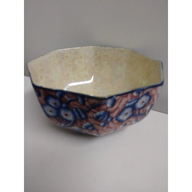 French Country 1950's Stoke on Trent Majolica 8-Sided Blue Floral Lusterware Bowl For Sale - Image 3 of 7