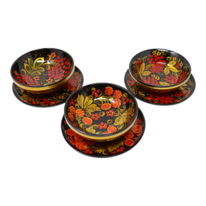 Vintage Russian Khokhloma Folk Art Lacquered Wooden Plates and Bowls With Fruit - 6 Pieces