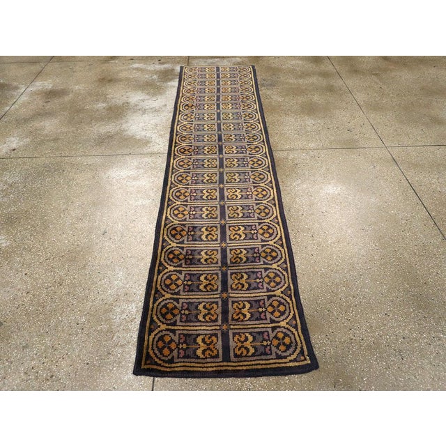 Galerie Shabab Collection Mid-20th Century Handmade Spanish Savonnerie-Style Runner Rug in Dark Blue For Sale - Image 4 of 10