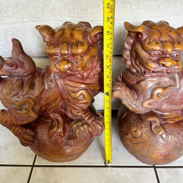 Pair Large 19" Terracotta Foo Dogs Chinese Guardian Lions Vintage Heavy For Sale - Image 16 of 17