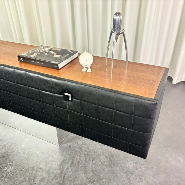 Wood Modern Sideboard with Imitation Leather in Wood and Stainless Steel, 1960 For Sale - Image 7 of 14