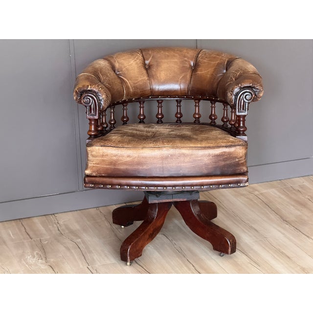 Mid 19th Century English Mahogany and Leather Swivel Desk Chair For Sale - Image 4 of 12
